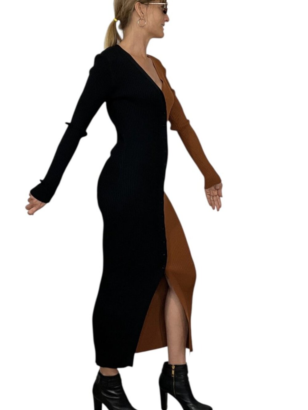 Staud Shoko Colorblocked Midi Dress S Tan Black Ribbed Long Sleeve Fall Fashion - Picture 2 of 16
